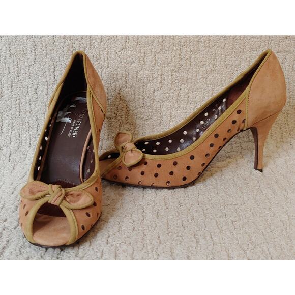 Donald J Pliner Zazas Open Toe Dress Pumps Brown Green 9 Heels Shoes Polka Dot - Picture 1 of 9